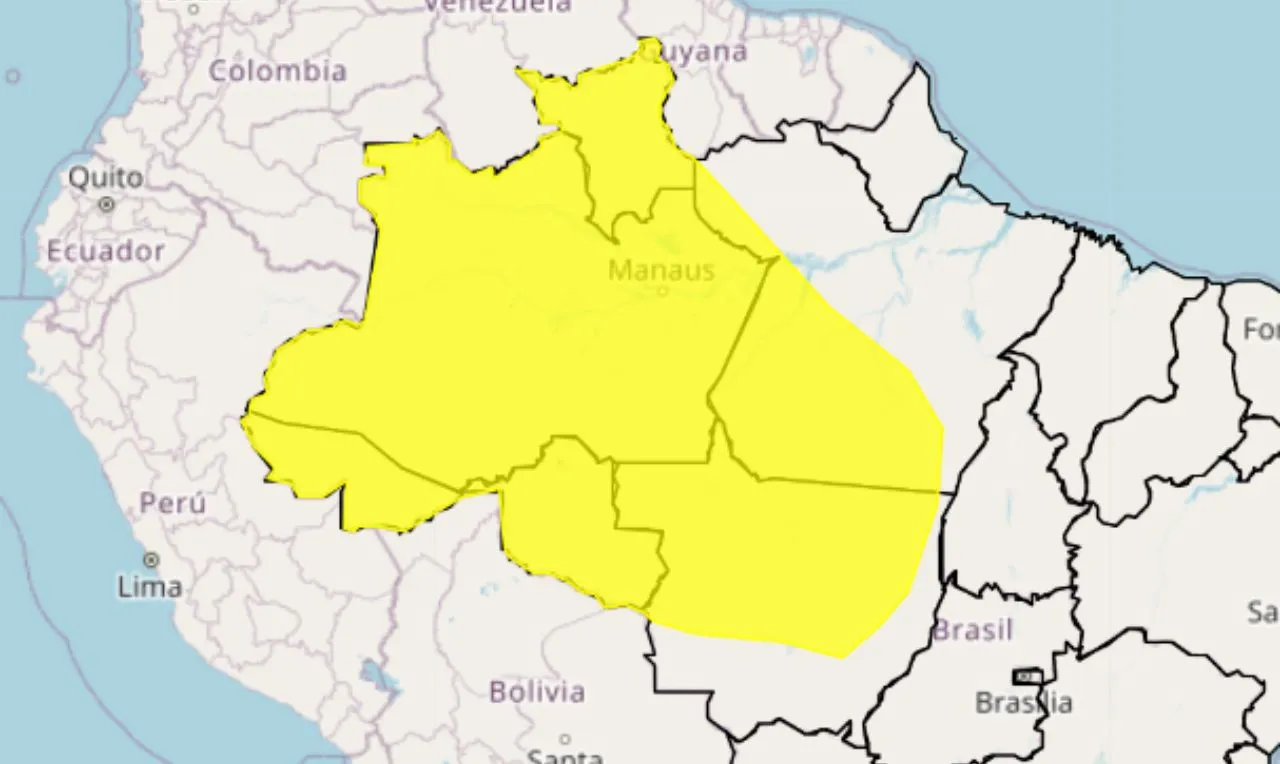 O mapa mostras as &aacute;reas em alerta para temporais